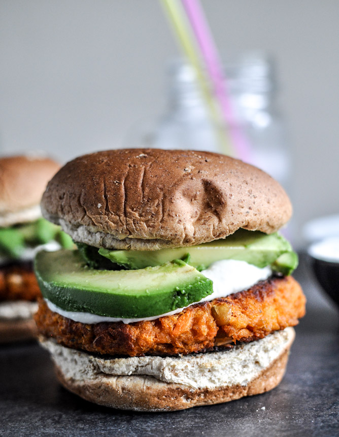 1. Smoky Sweet Potato Burgers with Roasted Garlic Cream Cheese and Avocado