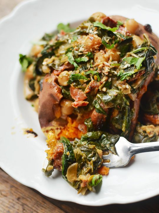 18. Braised Coconut Spinach and Chickpeas With Lemon Over a Baked Sweet Potato