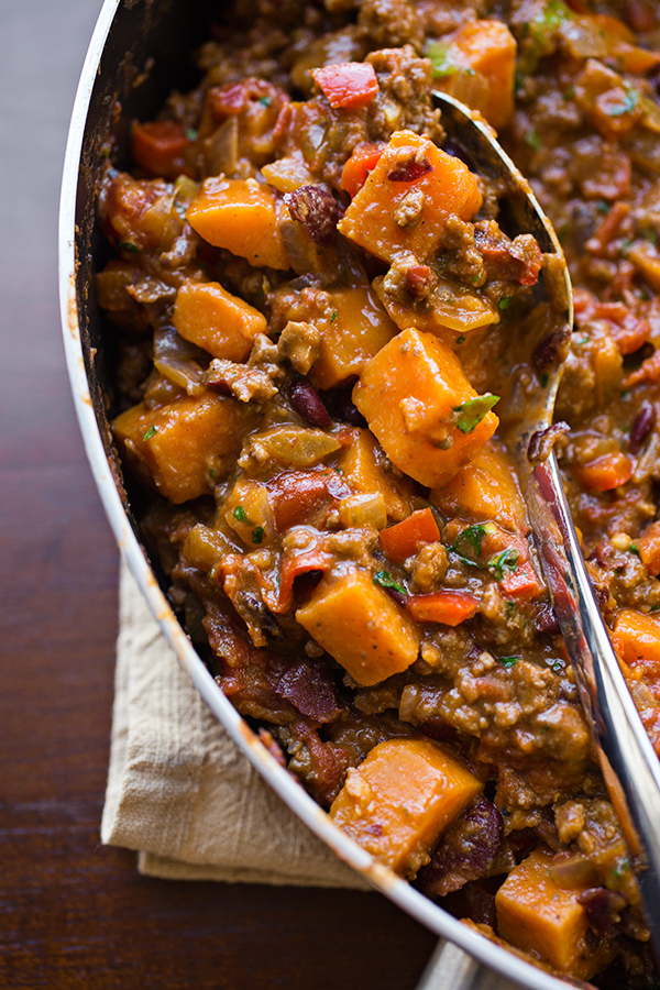 28. Cheesy Sweet Potato Skillet Chili