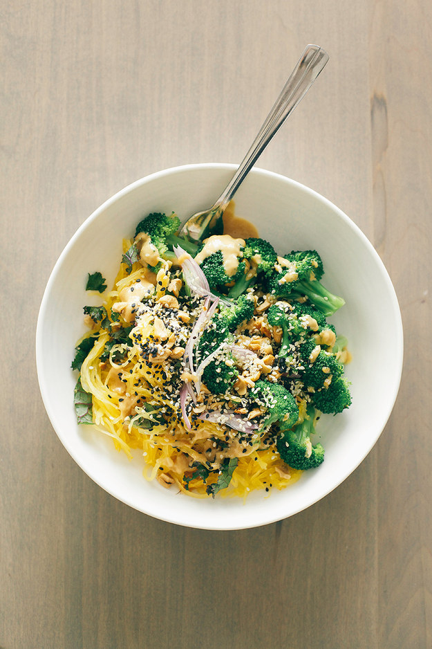 Spaghetti Squash Noodle Bowl + Lime Peanut Sauce