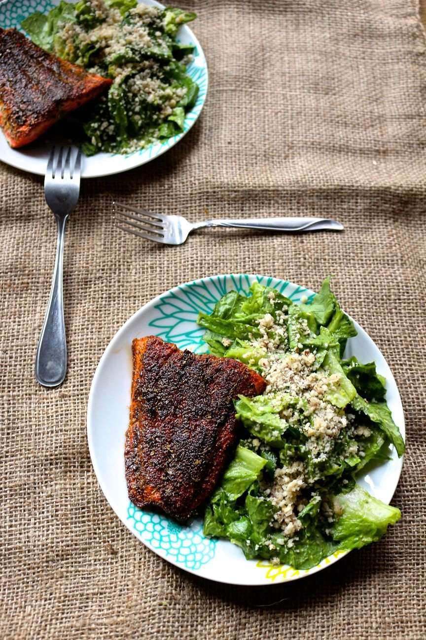 10.  Blackened Cajun Salmon with Mayo Free Avocado Caesar Salad Recipe