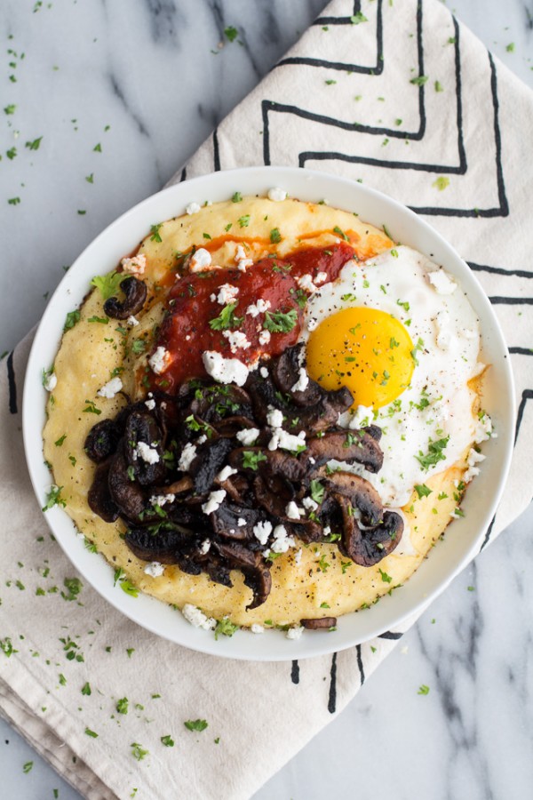 11. Polenta With Caramelized Mushrooms, Marinara, Fried Eggs And Goat Cheese