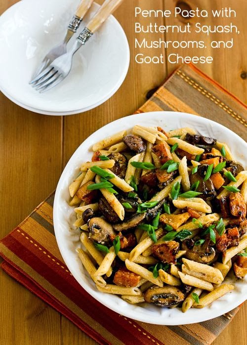 16. Recipe for Vegetarian Penne Pasta with Butternut Squash, Mushrooms, Scallions, and Goat Cheese