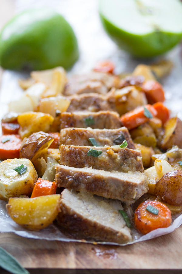 20. One Pan Roasted Pork Tenderloin with Apples, Sage, and Root Vegetables