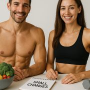 weight loss tips that actually work, fit man and woman standing over tips, basket of fruit