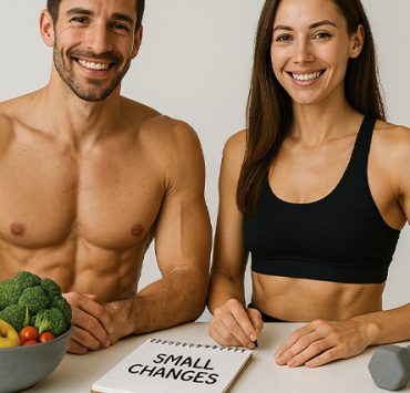 weight loss tips that actually work, fit man and woman standing over tips, basket of fruit