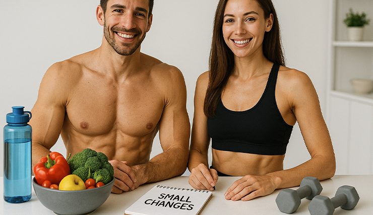 weight loss tips that actually work, fit man and woman standing over tips, basket of fruit