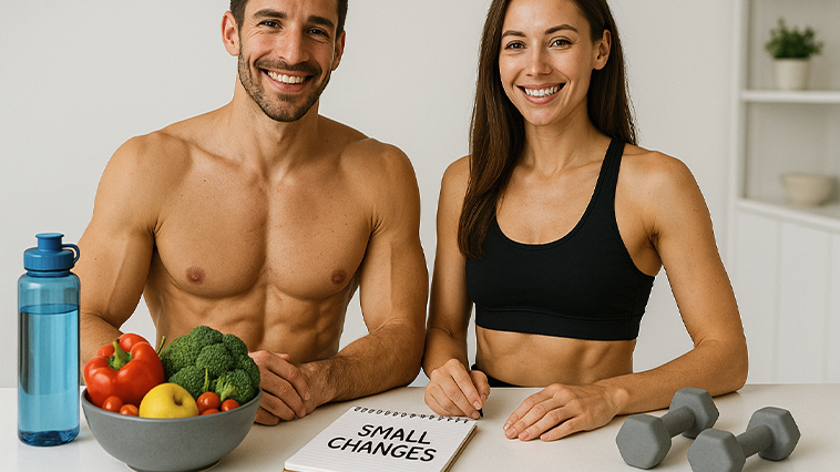 weight loss tips that actually work, fit man and woman standing over tips, basket of fruit